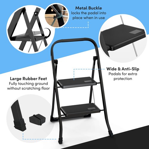 Lifetime Home 2-Step Ladder with Wide Anti-Slip Platform & Thick Rubber Feet - Lightweight Heavy Duty Foldable & Portable - 330 lbs Capacity, Steel Frame, Rubber Handgrip, Folding Step Stool - Black