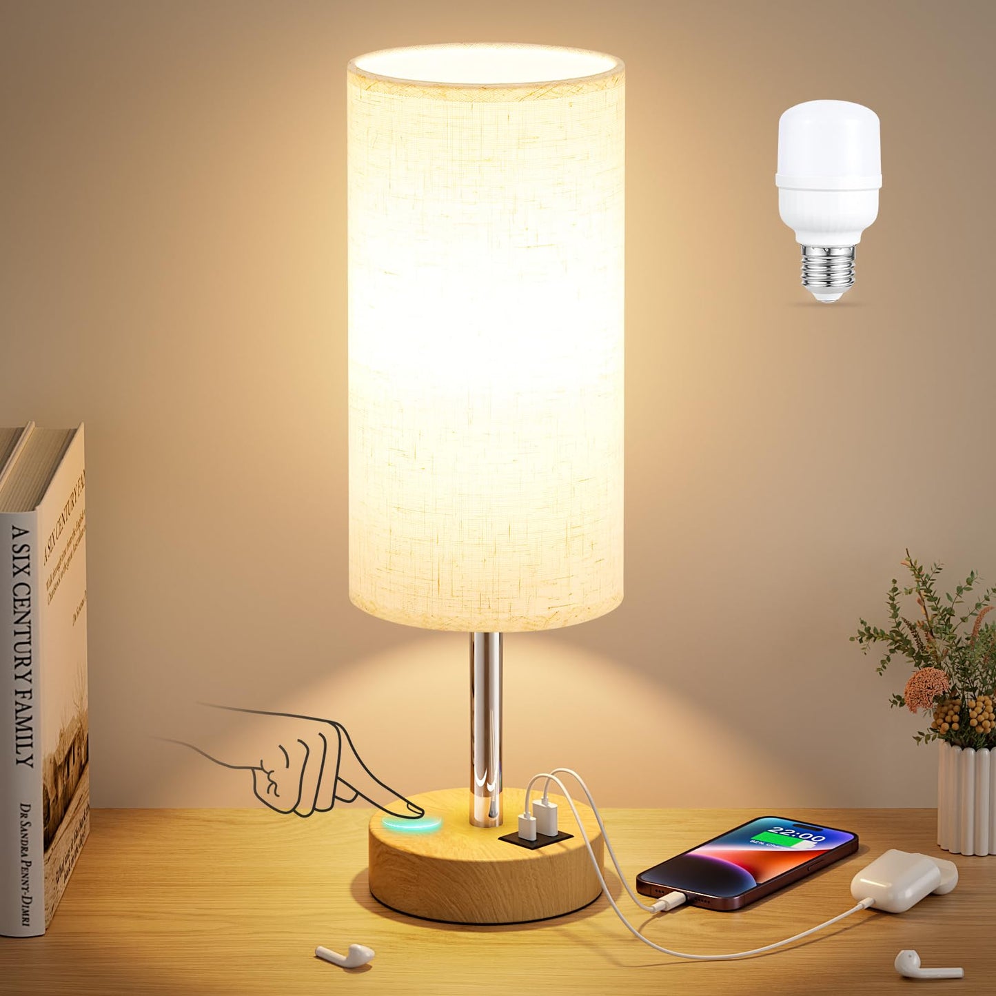Dicoool Touch Bedside Table Lamp with USB - 3 Way Dimmable Wood Lamp for Bedroom Nightstand, Desk Lamp with Charging Station for Dorm, Living Room, Office, Kids Room, Small, 14in