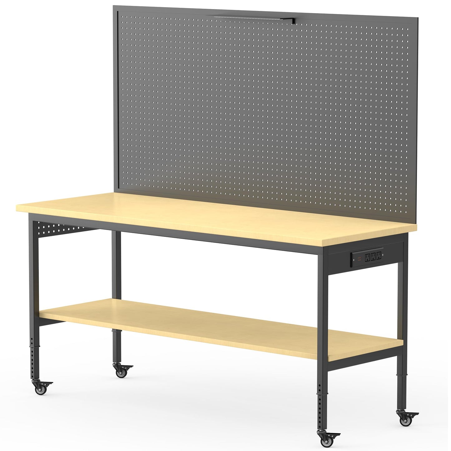60" Adjustable Height Workbench,9-Level Heavy Duty Work Table with Storage Shelf Pegboard LED Light & Built-in Power Strip, 2010 lbs Load Capacity Rolling Tool Bench for Garage Workshop