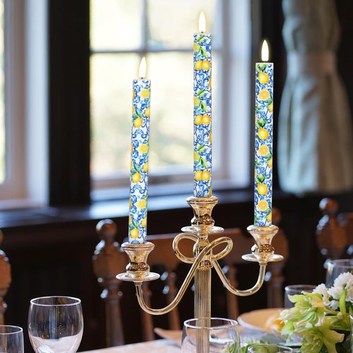 FYSUIMU Lemon Flameless LED Taper Candles Summer Blue Tiles Yellow Lemon Battery Operated Candlesticks Chinoiserie Electric Candle Table Centerpiece for Home Bedroom Dining Room Wedding, 6Pcs
