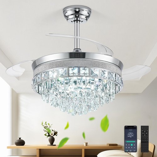 42” Fandelier Ceiling Fan with Light, Chandelier Ceiling Fans with Lights, Crystal Ceiling Fans for Bedroom Living Room, LED Dimmable, 6 Wind Speed,3 Color Temperatures-Chrome