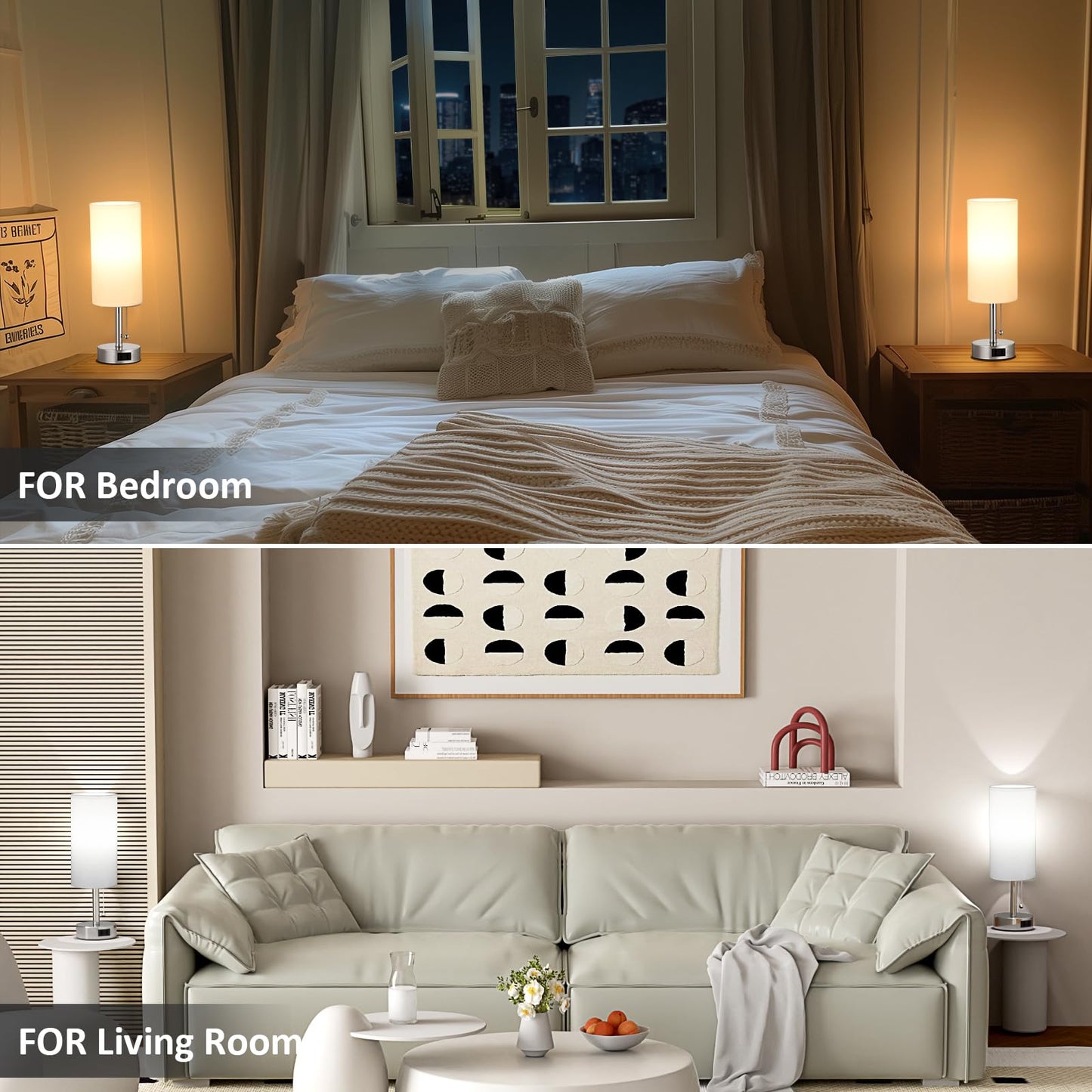 Fenmzee White Silver Bedside Table Lamps Set of 2-3 Color Temperatures Pull Chain Lamp with AC Outlet Charging Port, Two Round Night Stand Lamps for Bedroom, Small Bed Side Light with E26 LED Bulbs