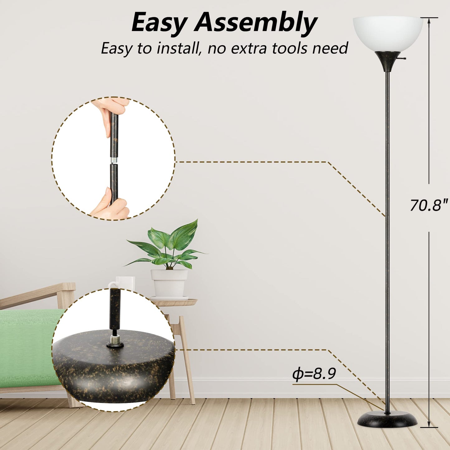 Floor Lamp, Standing Lamp for Bedroom, Drop-Resistant White Lampshade, Rotary Switch, Industrial Metal Floor Lamp for Living Room Bedroom Study Office Kid’s Room