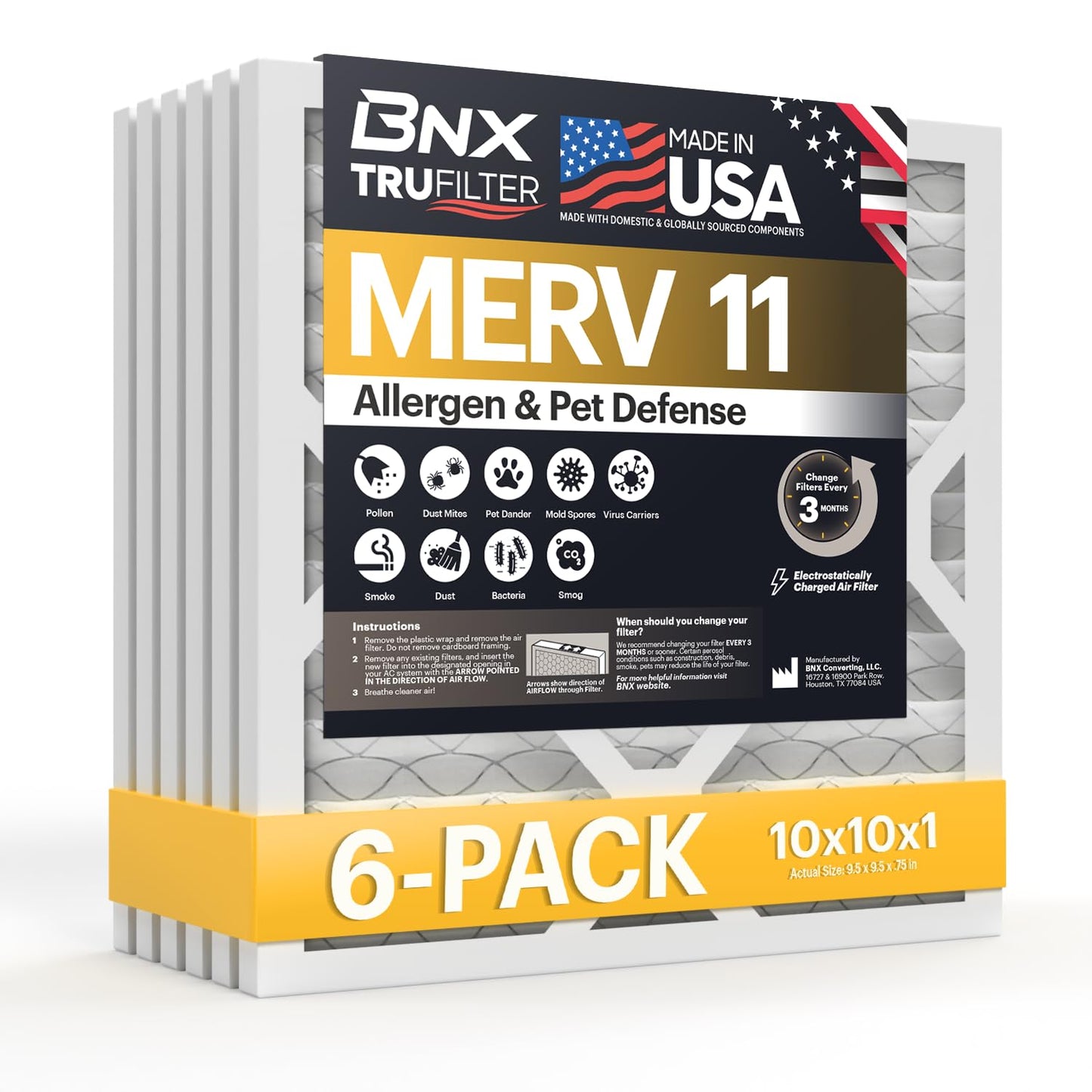 BNX TruFilter 20x22x1 Air Filter MERV 11 (4-Pack) - MADE IN USA - Allergen Defense Electrostatic Pleated Air Conditioner HVAC AC Furnace Filters for Allergies, Dust, Pet, Smoke, Allergy MPR 1200 FPR 7
