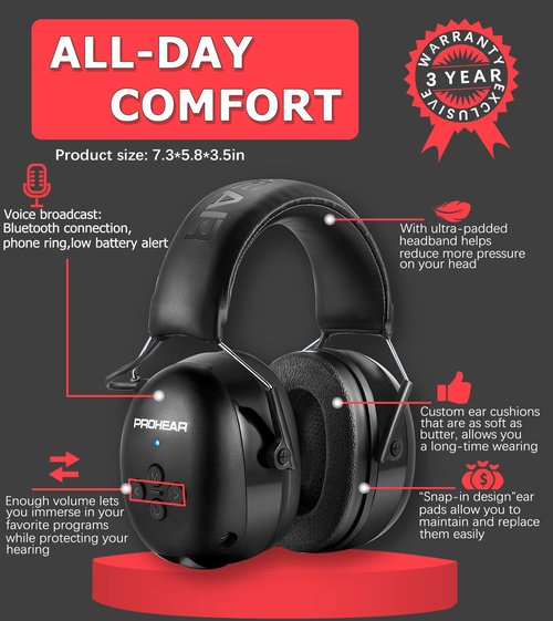 PROHEAR 037 Bluetooth 5.3 Hearing Protection Headphones with Rechargeable 1500mAh Battery, 30dB SNR Safety Noise Reduction Ear Muffs 120H Playtime for Mowing, Workshops, Snowblowing - Black