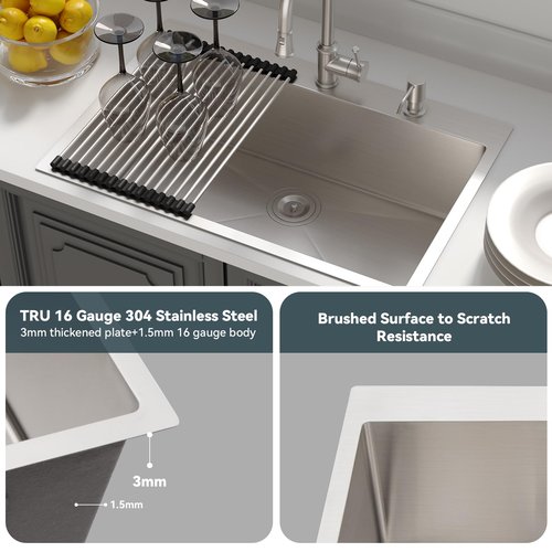 Lordear 33 Inch Drop In Kitchen Sink 33x22 Stainless Steel Topmount Sinks 16 Gauge T304 Single Bowl Kitchen Sink With 3mm Thickened Plate Round Corners