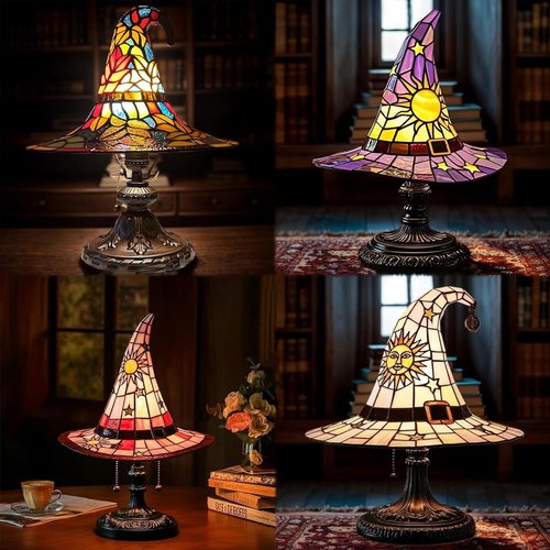 Witch Hat Lamp,Handcrafted Stained Gothic Wizard Hat Lights,Small Wizard Spooky Fun,Mystical Witch Table Lamp for Indoor Party Home Dector (Pink, 11.8 in)