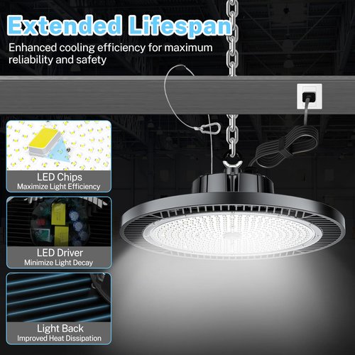 THELUX 6Pack Super Bright 200W LED High Bay Light with 30000lm 5000K,100V-277V,5000K with US Plug, 5Cable High Bay Led Shop Lights for Warehouse Workshop Factory Gym Garage with FCC certificated