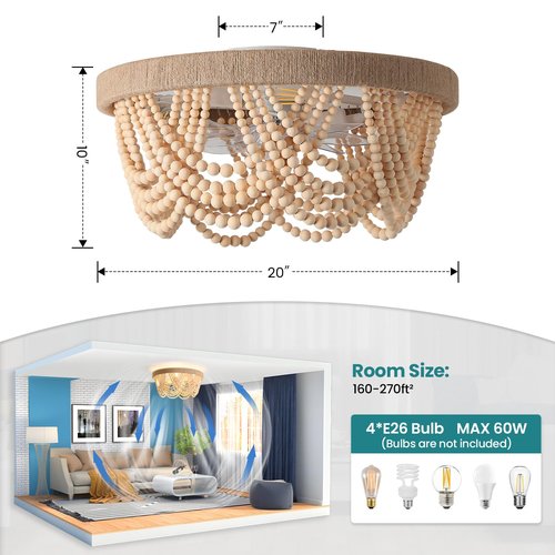 20" Boho Fandelier Ceiling Fan with Light and Remote Control 6 Speeds Low Profile Bladeless Ceiling Fan Wood Beaded Flush Mount Chandelier Fan for Bedroom Living Room