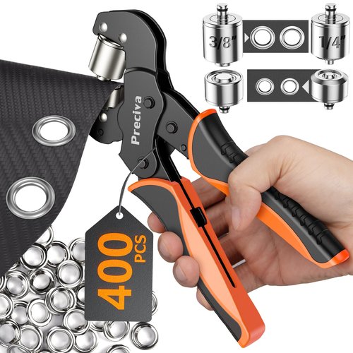 Grommet Tool Kit of 3/8" and 1/4", Preciva 𝐈𝐧𝐭𝐞𝐫𝐜𝐡𝐚𝐧𝐠𝐞𝐚𝐛𝐥𝐞 𝐃𝐨𝐮𝐛𝐥𝐞 𝐇𝐞𝐚𝐝 Handheld Grommet kit with 400pcs Silver Grommets for Advertising Poster, Banner, Ponchos, Cardboard