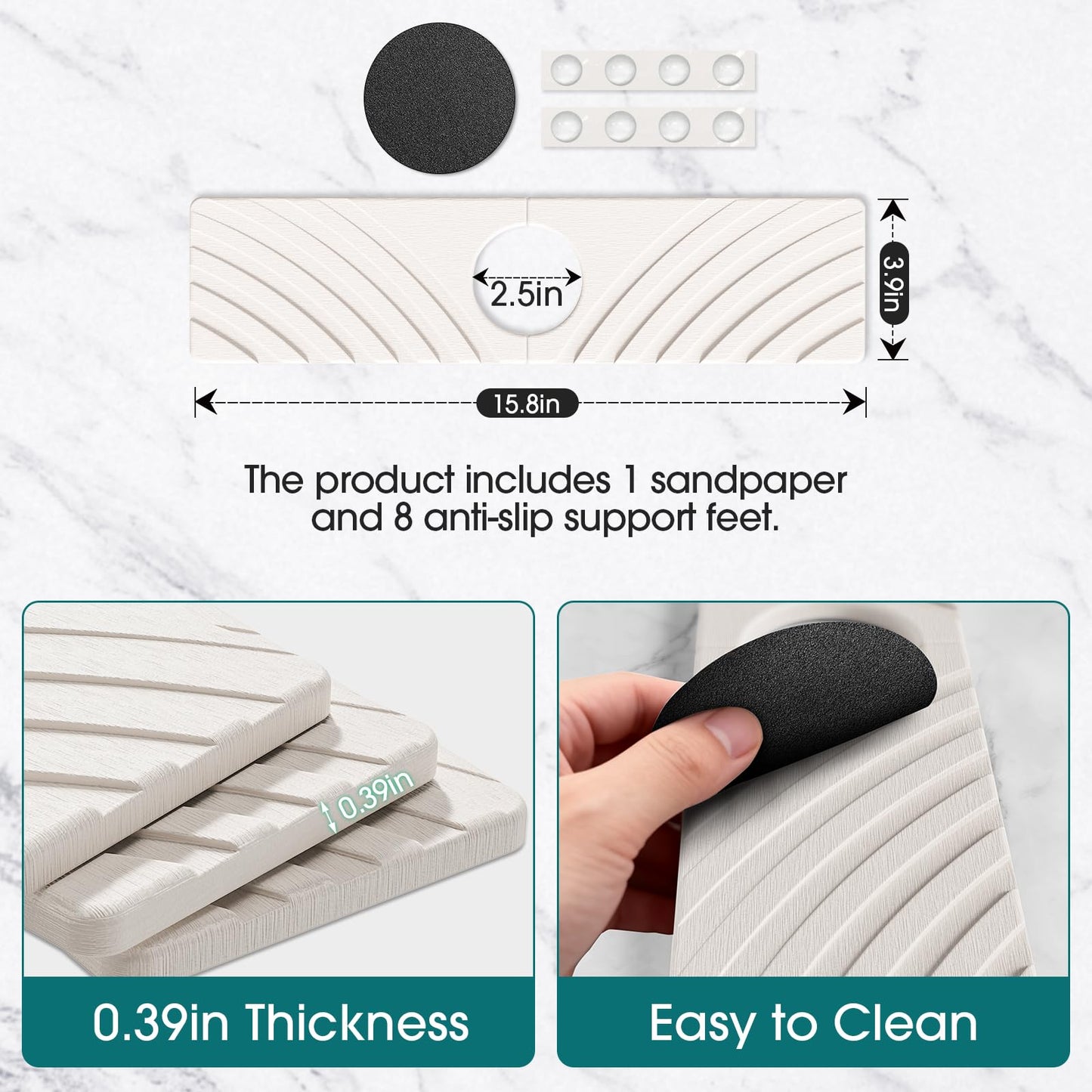 EdenDwell Quick Dry Stone Faucet Mat for Kitchen Sink - 15.8"x3.9" Natural Diatomite Stone Drying Mat for Kitchen Counter Bathroom Dish Dry Mat Auto Drainage Sink Protector (White)
