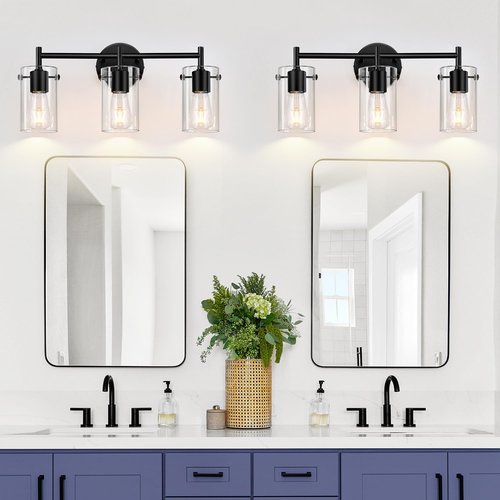 Bathroom Light Fixtures 2023 Upgrade, 3-Light Matte Black Vanity Light, Black Bathroom Lights Over Mirror with Clear Glass Shade, Wall Sconces for Mirror Bedroom Living Room Hallway