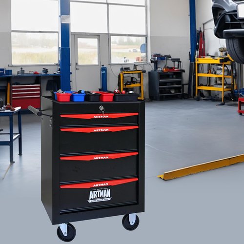 4 Drawers Tool Box With Wheels,Multifunctional Rolling Tool Box Tool Cart For Storage Garage, Workshop, Warehouse & Repair Shop (Black+Red(4 Drawer)