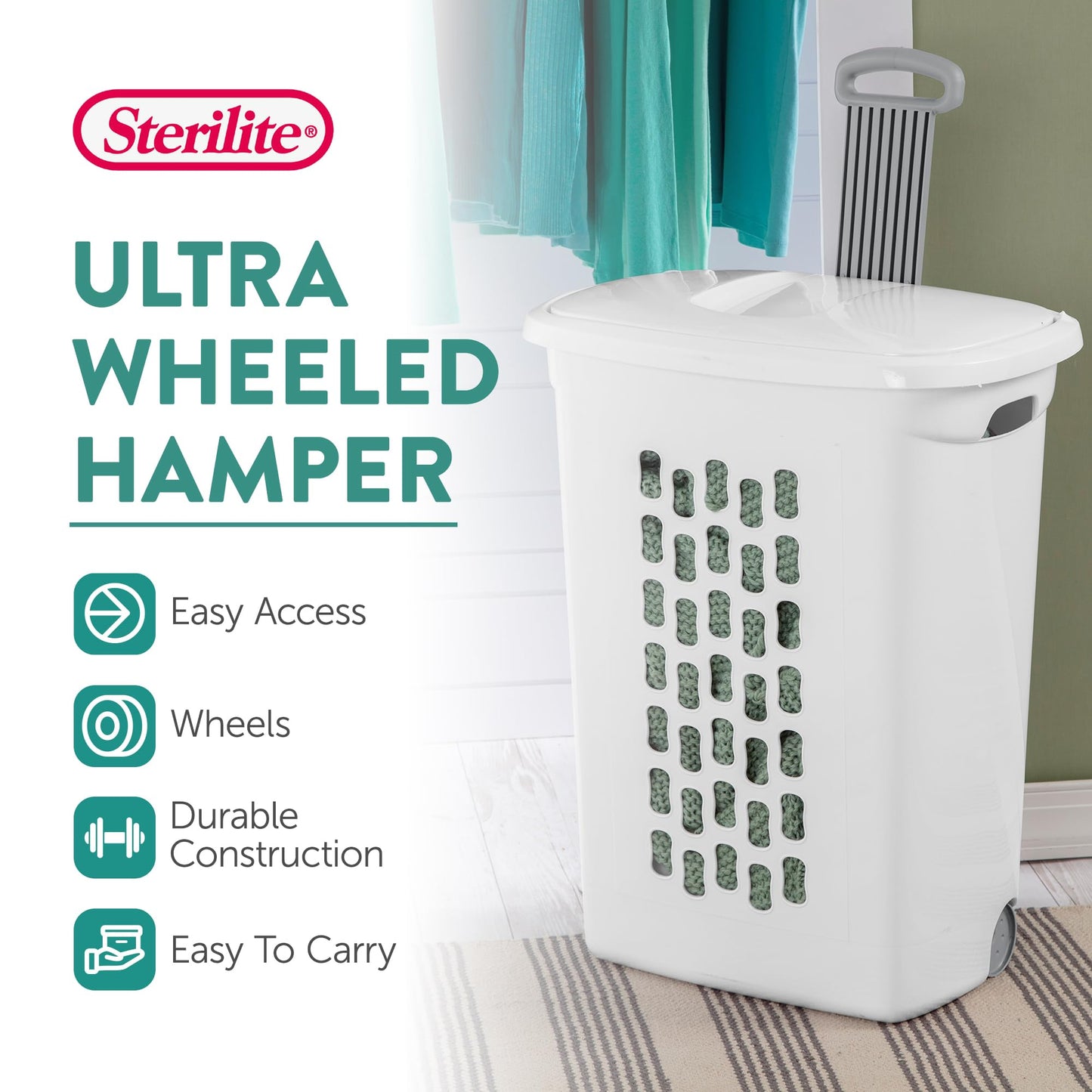 Sterilite 3-Pack Ultra Wheeled Hamper, Laundry Basket w/ Flip-Top Lid & Retractable Handle - Plastic Rolling Clothes Storage Cart with Ventilated Holes for Home, Apartment or Dorm