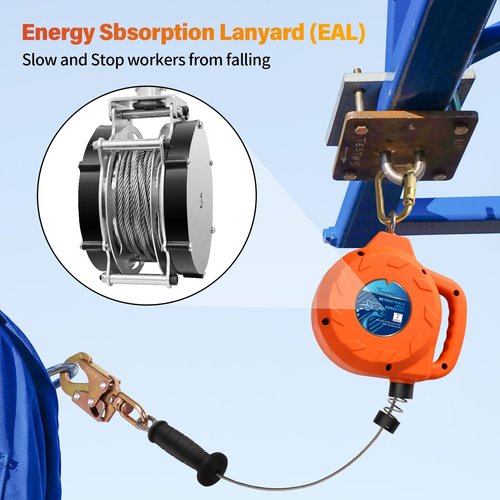 TRSMIMA Fall Protection Retractable Lanyard - 30ft Self-Retracting Fall Arrest Safety Construction Roofing Galvanized Steel Cable Two Internal Shock Absorber System Waterproof Housing