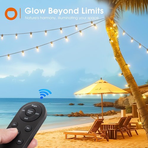addlon 54FT(48+6) Solar String Lights Outdoor Waterproof with USB Charging & Remote Control - Dimmable Solar Power Patio Lights with LED Bulbs for Porch, Garden, Yard, Market, Bistro - Last for 20+Hrs