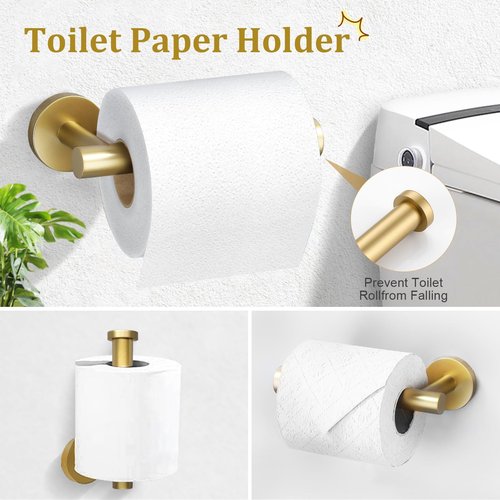 Smowfes Brushed Gold Bathroom Accessories Set - 2 Piece Wall Mounted Toilet Paper Holder & Hand Towel Ring, Durable Stainless Steel with Brass Finish, Rustproof Bathroom Hardware Installation Kit