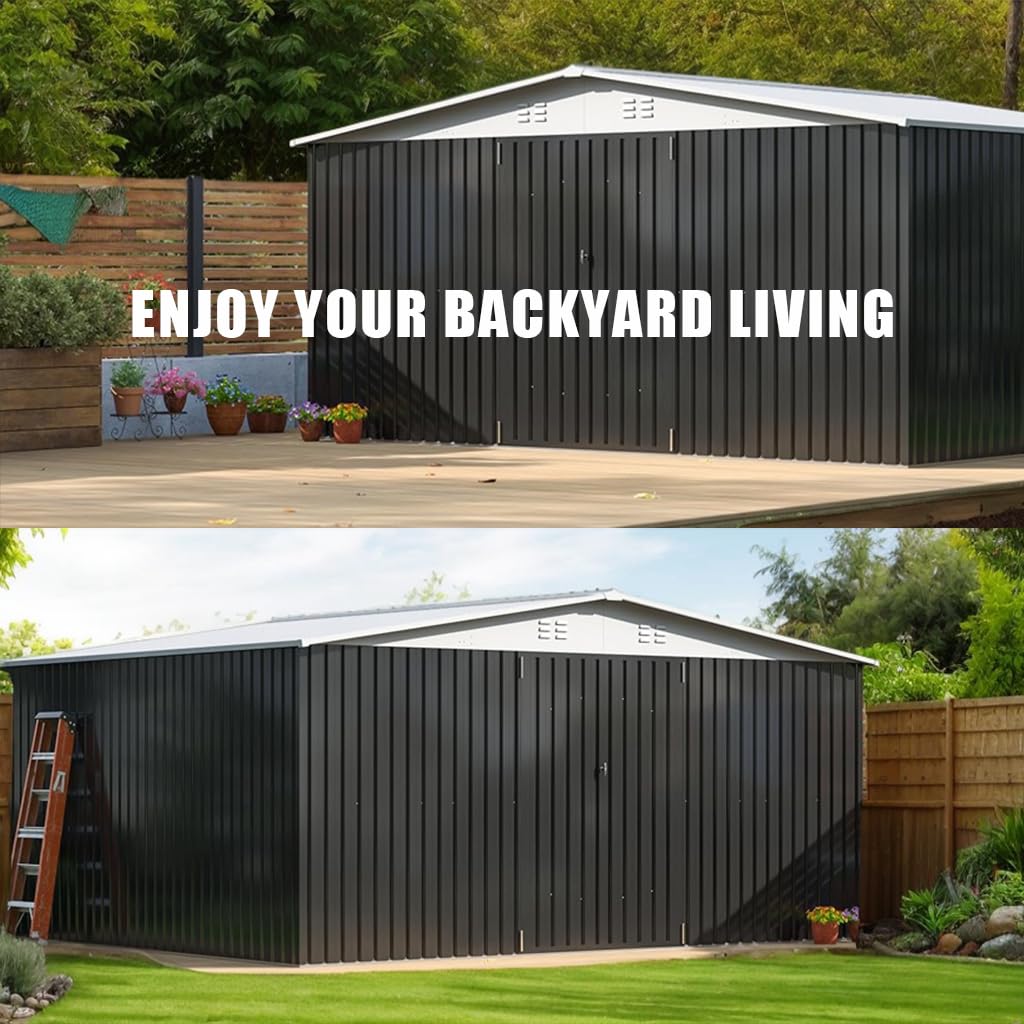 Dreamall 14x12 FT Outdoor Storage Shed, Metal Garden Tool Shed with Updated Frame Structure, Lockable Doors and Windows, Ideal for Backyard Garden Patio Lawn, Black