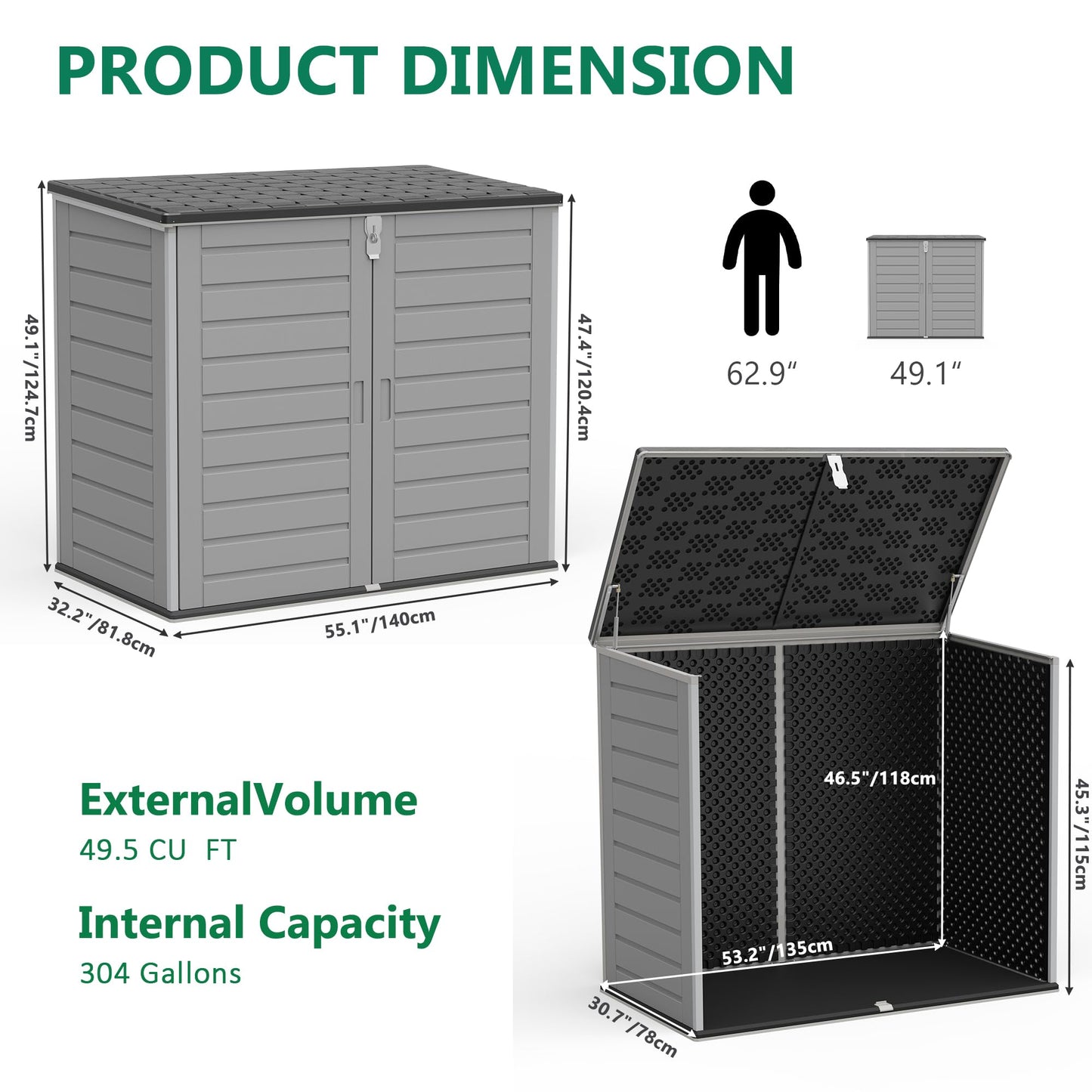 Uhomepro 4.6 Ft. X 4.1 Ft Outdoor Horizontal Storage Shed, Resin Storage Shed with Double Lockable Doors, Ideal for Garbage Can Storage and Garden Tools, Strong Water Resistance
