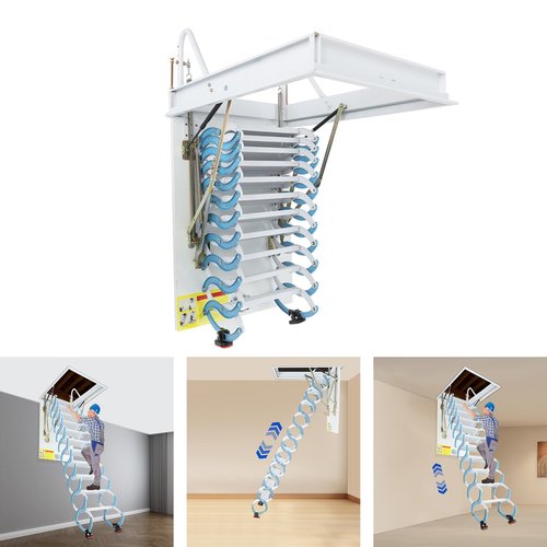 11 Steps Wall-Mounted Attic Ladder, Folding Stairs Attic Ladder Pull Down System, Retractable Loft Ladder for Attics, Garages, Roofs, Basements (Blue+White)