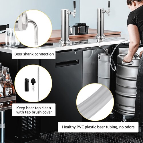MRbrew Beer Line Shank Faucet Kit, Stainless Core Self-Closing Beer Tap with 3/16'' liquid hose & 1/4" Barb, Kegerator Tower Replacement Set for Draft Beer Dispenser - Include Tap Wrench & Hose Clamps
