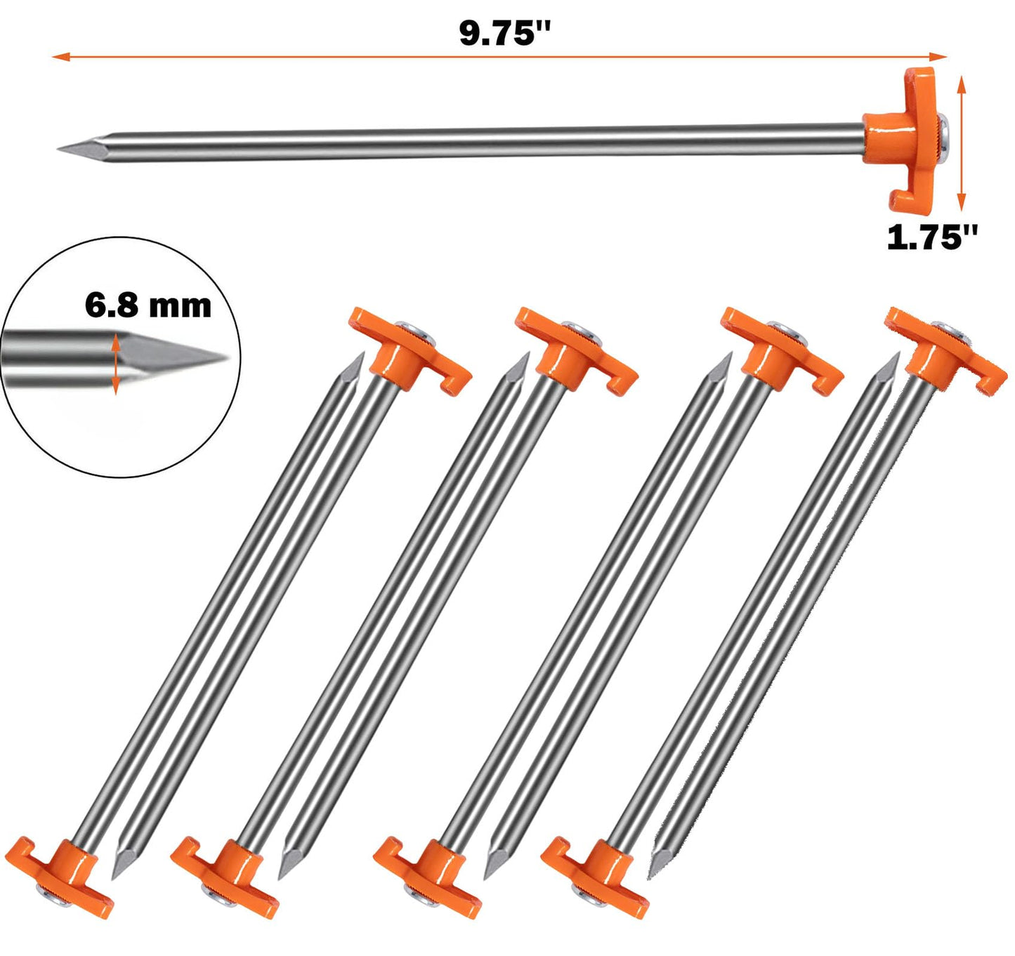 Cheardia 10 Pack Tent Stakes Heavy Duty, 9.75 Inch Yard Stakes Non-Rust Metal Tent Pegs Ground Stakes Tent Spikes for Camping Patio, Garden, Canopies, Grassland, Outdoor,Orange