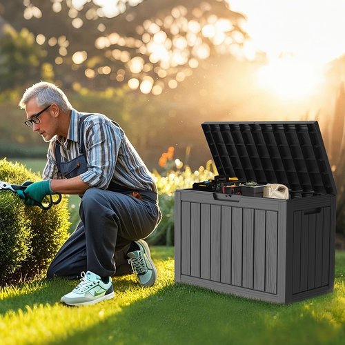 Treillage Tale Outdoor Storage Deck Box, 45 Gallon Outside Storage Box Waterproof Deck Box, Lockable Patio Storage Box UV-Resistant for Garden Furniture, Black