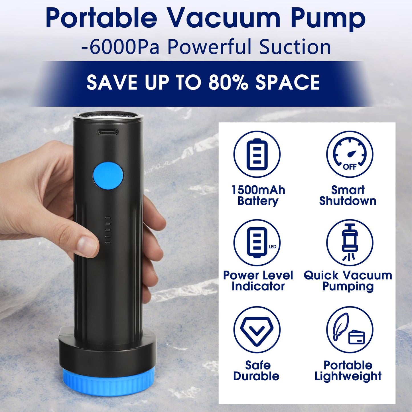 Eunhdet 6.0Kpa Cordless Electric Vacuum Pump for Storage Bags, USB Rechargeable Portable Vacuum Sealer for Travel Air Pump Compression Bag Pumps for Clothes Blankets Bedding, Blue Black (No bags)