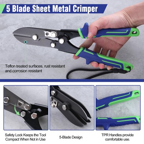 INJOYTEC 5 Blade Sheet Metal Crimper HVAC Tool Stove Pipe Crimping Tools Gutter Crimper for 22-28 Gauge for Downspout Stove Pipe Ductwork and Venting Work