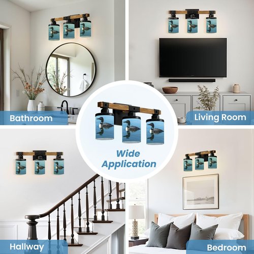 3-Light Bathroom Light Fixtures Common Loon Minnesota Lake Bathroom Vanity Light with Glass Shade Wood Wall Sconces Wall Lamp for Mirror Bedroom Living Room