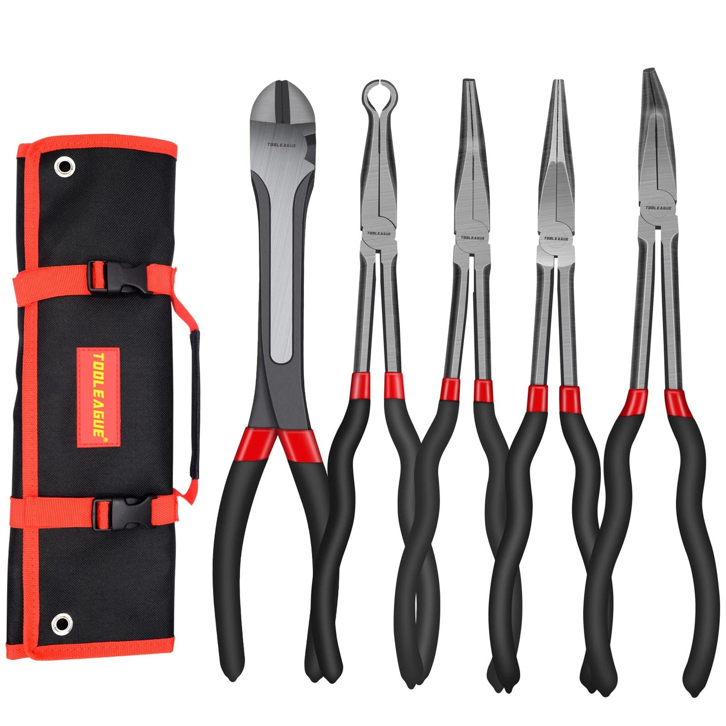 TOOLEAGUE 5Pcs Extra Long Needle Nose Pliers Set, 11" Long Reach Straight,45/90 Degree Bent Nose,Diagonal Pliers and O-shape Tip Craft Repairing Tool