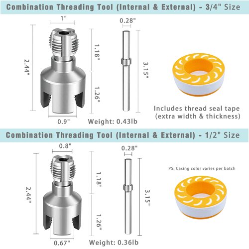 Integrated Internal & External Pipe Threading Tool with Sealant Tape Dual-Function PVC Pipe Threader Kit, 1/2" 3/4" 1" Dies, Electric Drill Compatible for Plumbing, DIY, HVAC (1/2"+3/4")