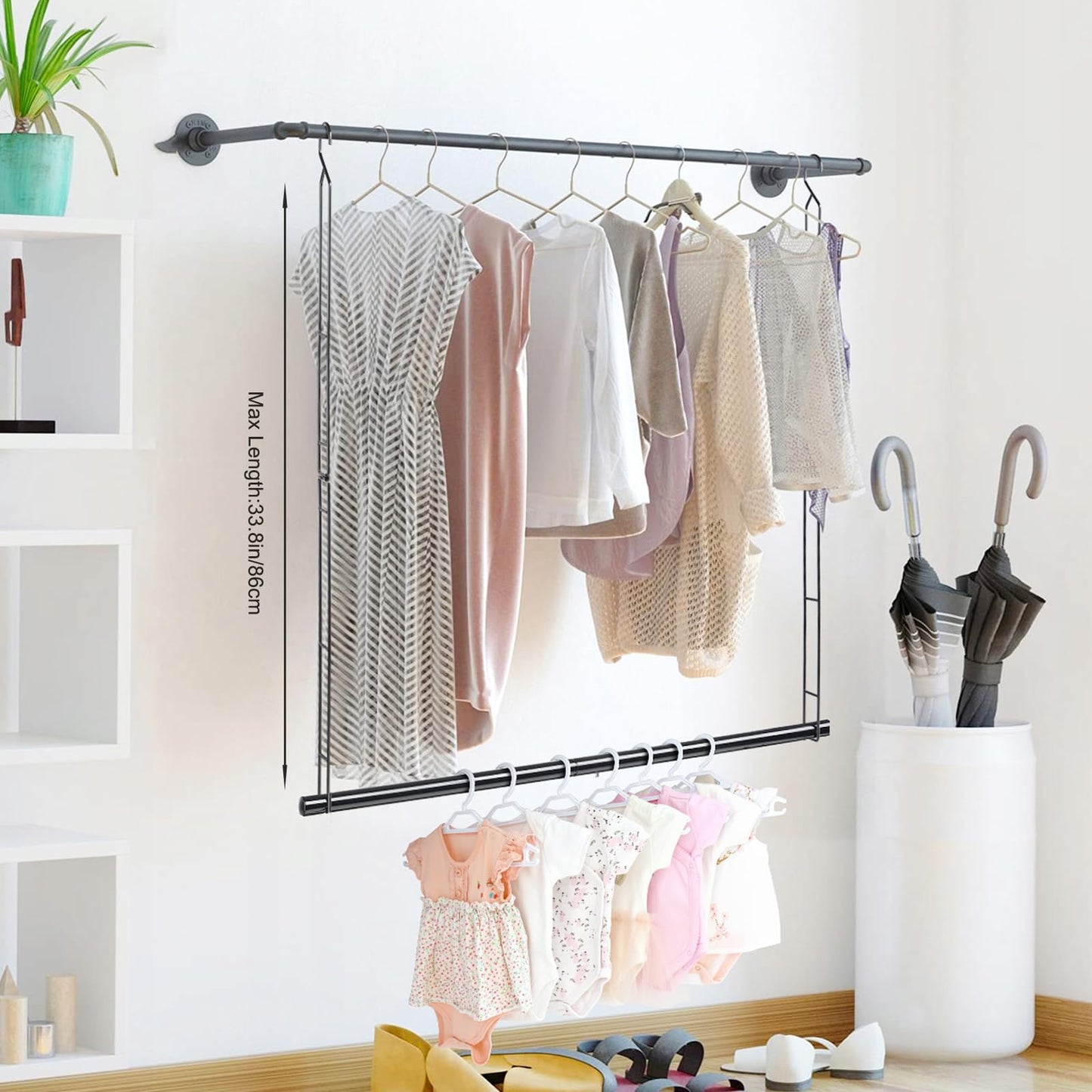 Closet Hanging Rod, 47.2in Wide Extension Closet Hanging Organizer, 6 Height Adjustable Hanging Closet Rods, Space Saving Heavy Duty Closet Rod for Hanging clothes and Towel up to 33.8 in long, Black