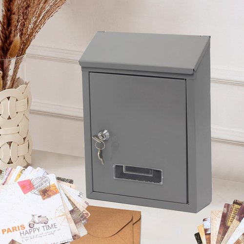 Wall Mount Mailbox with Key Lock, Large Capacity Metal Mailbox for Home or Office, Weatherproof Steel Postbox, Secure Drop Box for Packages and Mail, 11.8" x 8.5" x 2.8" (Gray)