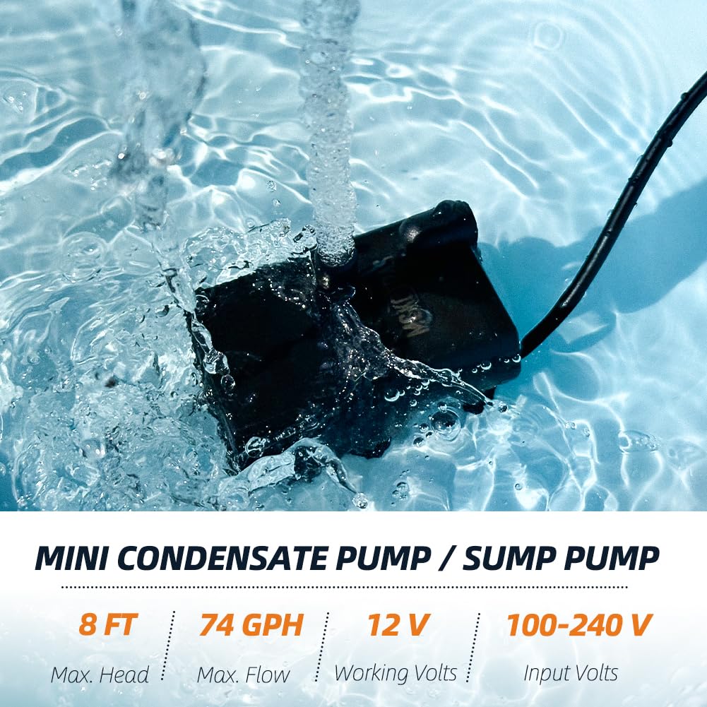 Automatic Small Sump Pump with Water Sensor, 8 FT Lift 74 GPH with 6 FT Tubing, 115/230V Mini HVAC Condensate Removal Pump with Float Switch for Dehumidifier, Air Conditioner, Hydroponic, Auto On Off