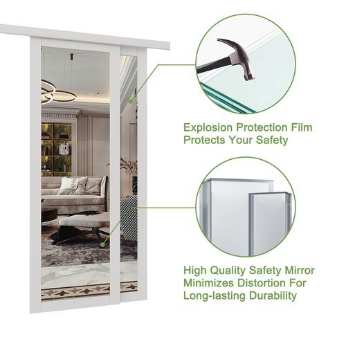 Bypass, 48" x 80" Sliding Closet Door, Double 25" Panels with One Side Mirror, Primed & Paintable Surface, White, Pre-Assembled Panels & Hardware Kit for Bedroom/Closet/Laundry