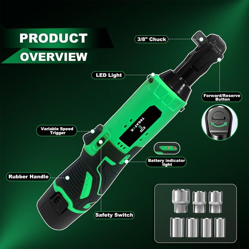 Tegatok Cordless Electric Ratchet Wrench Set, 40FT-LBS (45N.m) 3/8" Electric Ratchet, 12V Cordless Ratchet Wrench, 2 x 2.0Ah Batteries Impact for Car Home