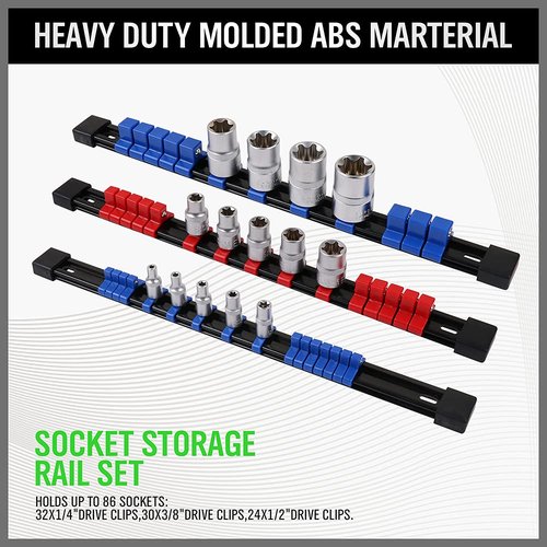 SWANLAKE Organizer Socket Holder, 6PCS 1/4-Inch x 32 Clips, 3/8-Inch x 30 Clips, 1/2-Inch x 24 Clip, Premium Quality Socket Clip Rail Holder (6PC)