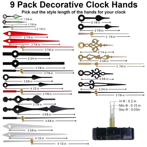 EMOON 6 Pieces Clock Mechanism Replacement Kit with 9 Pack Clock Hands, Silent Sweep Clock Motor Kit Battery Operated for Clock Repair DIY Replacement, Custom Clock