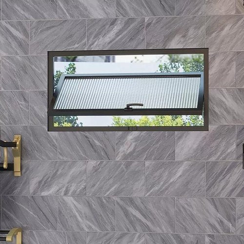 360° Rotation Aluminum Sliding Window with Tempered Glass - Rectangular Metal Rainproof Replacement Windows for Bathroom/Kitchen/Living Room, White Vertical Stripe Design (Durable Handle Included)