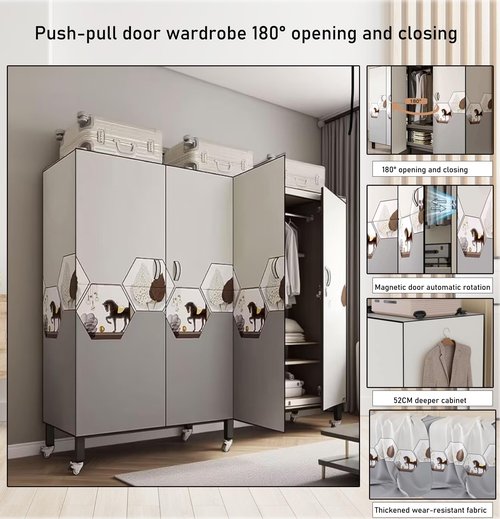 YDEHUEAD Foldable Portable Wardrobe On Wheels, Freestanding Garment Rack, with Magnetic Door 2000lbs, Heavy Duty Clothes Rack, for Bedroom Closet Systems (White (with Pattern), 150CM/59IN)