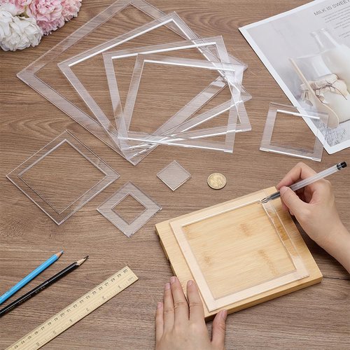 BENECREAT 9Pcs Squares Router Templates, 9.8/8.5/7.4/6.5/5.5/4.5/3.5/2.5/1.4 Inch Transparent Acrylic Tracing Template, Router Inlay Template for Woodworking, Craft