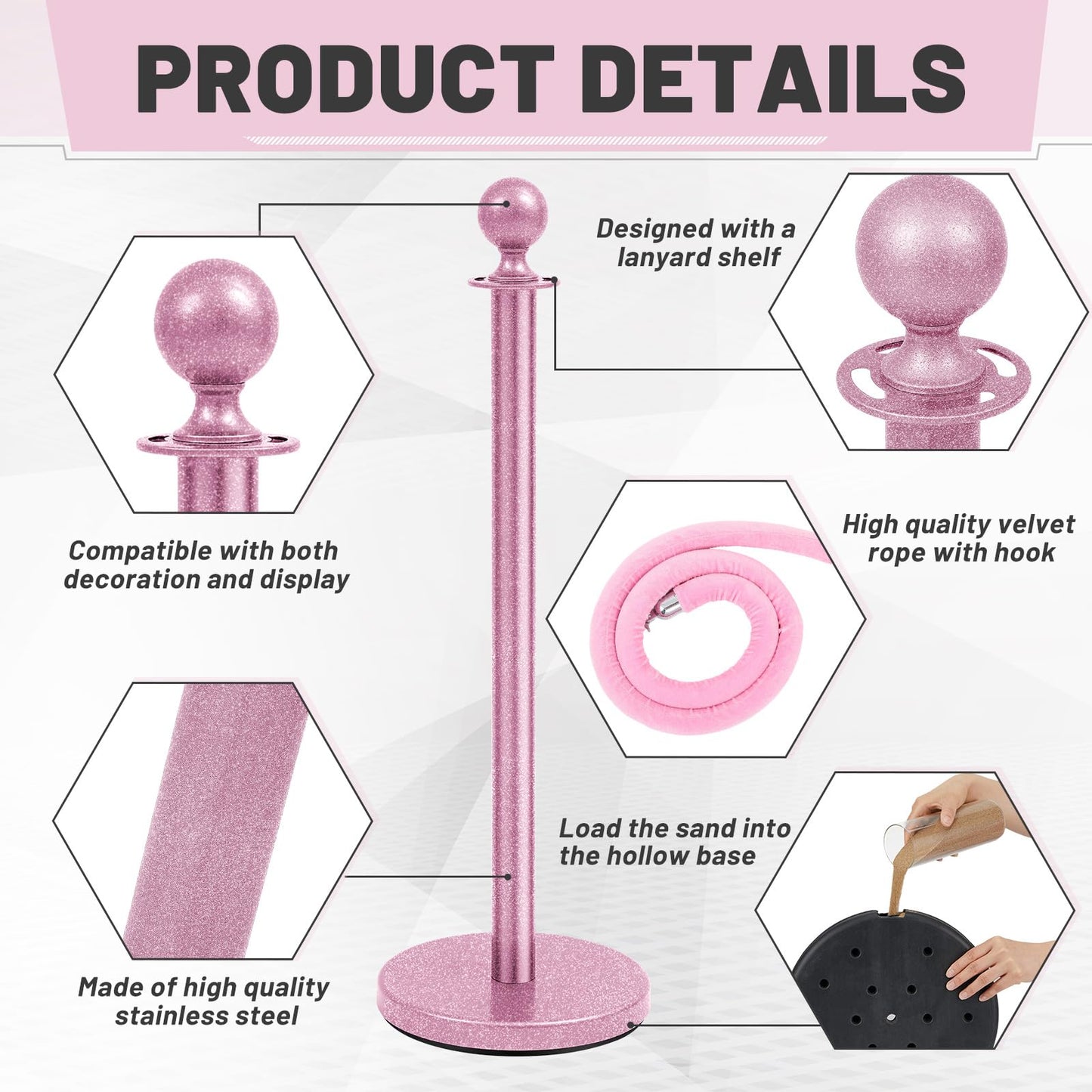 Ferraycle 4 Pcs Stainless Steel Stanchions Post Queue 38 Inch, 5 ft Velvet Carpet Ropes and Pole, Control Barriers for Wedding Birthday Party Decoration Sand Injection Hollow Base Set (Glitter Pink)