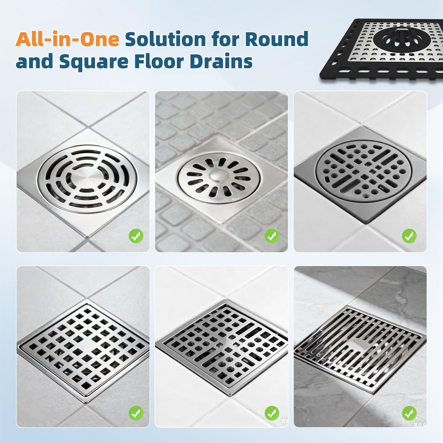 Hibbent Upgraded Shower Drain Hair Catcher, Shower Drain Cover for Bathroom Floor 4" Drain, Anti-Clogging Bathtub Drain Strainer, Stainless Steel Kitchen Sink Drain Strainer with Handle, Black