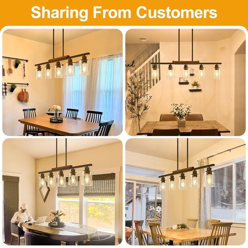 37" Farmhouse Dining Room Light Fixture Over Table, 5-Light Matte Black Wood Kitchen Island Lighting with Clear Glass Shade, Pendant Lights Linear Chandeliers for Dining Room Kitchen Island