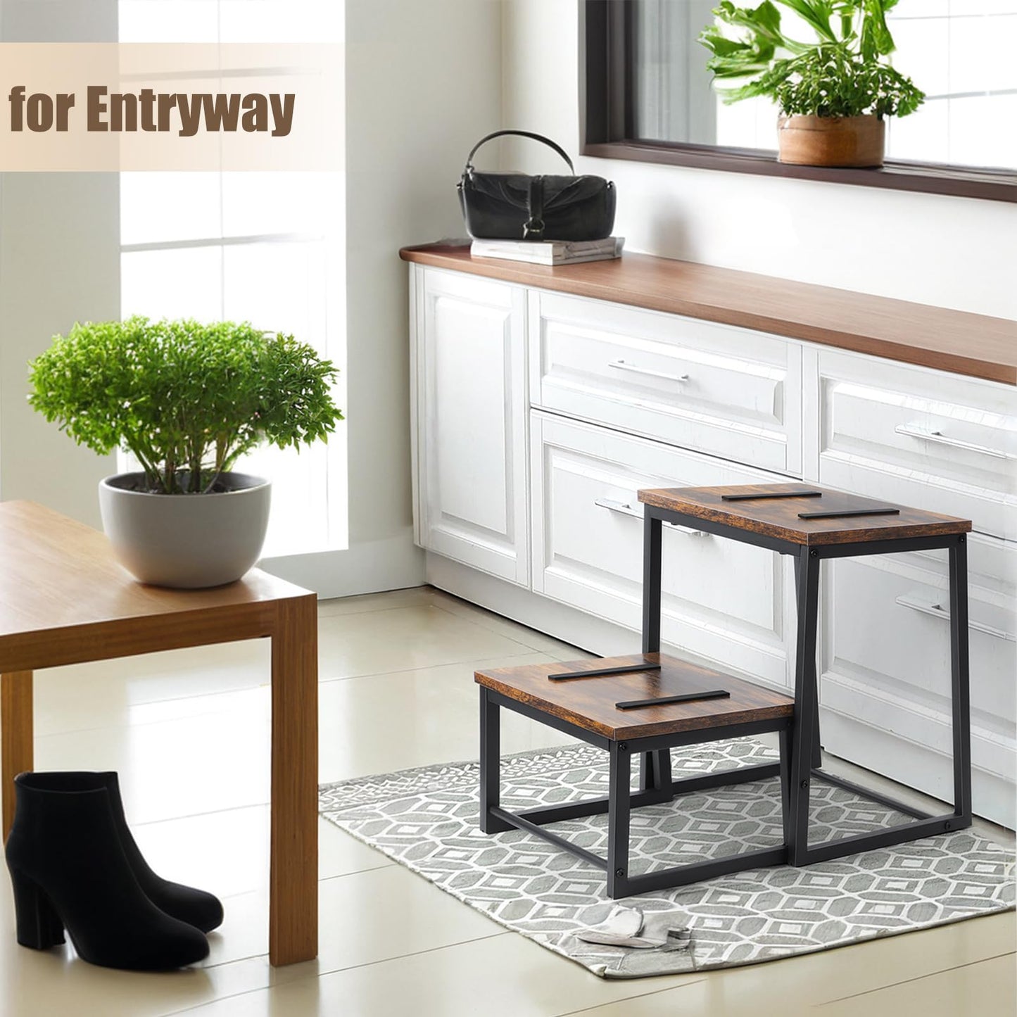 Vrisa Wood Step Stool for Adults Bedside Steps for High Beds Two Step Stools with 550Lbs Load Capacity Heavy Duty RV Stepping Stool for Kitchen Bedroom Living Room, Rustic Brown