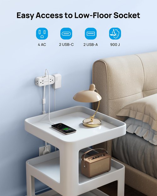 TROND 360° Rotating Plug Outlet Extender 36 in - Flexible Extension Cord, Multi Plug Wall Outlet Splitter Surge Protector, 4 AC 4 USB, Mountable for Hard Reach Socket in Bedroom Home Office, White