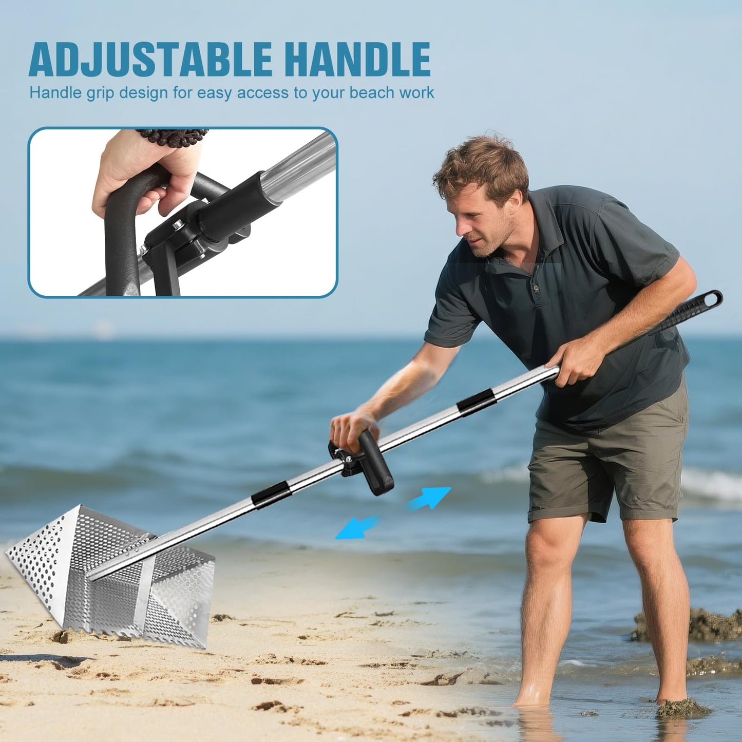 Sand Flea Rake for Beach - Detachable 47" Long Handle Sand Sifter Heavy Duty Stainless Steel Sand Scoop with 16" Width Basket Metal Detecting Tool with Anti Slip Handle for Collecting Shark Teeth
