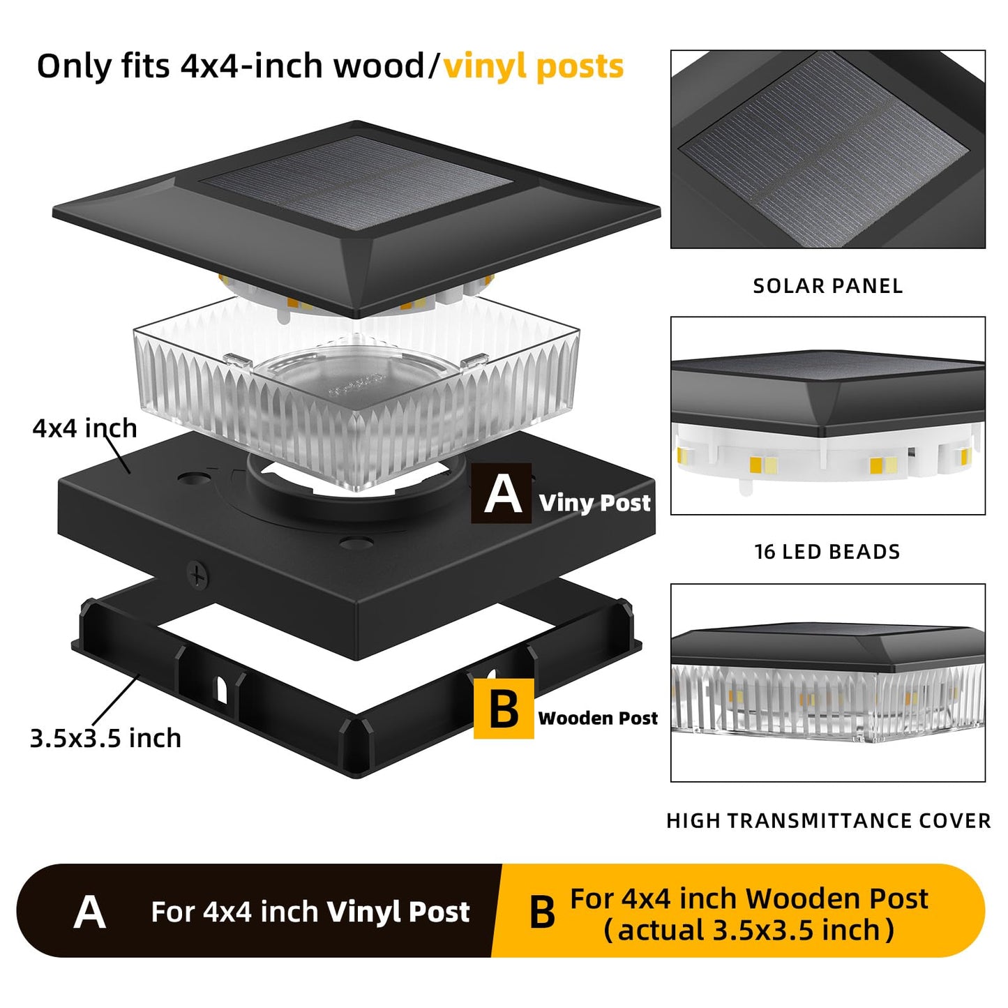 4x4 Solar Post Cap Lights 12 Pack, Fence Post Solar Lights with Warm White/Cool White Fit 4x4 Wood/Vinyl Posts, Waterproof Deck Post Light for Deck, Patio, Garden Decor, Black