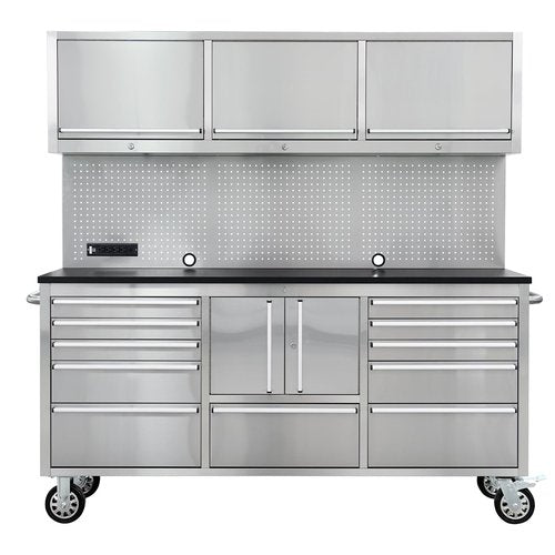 CT Copper Tailor 72-Inch Rolling Tool Chest with 11 Drawers & 4 Cabinets, Pegboard, Power Strip,LED Light,Mobile Workbench for Garage,Workshop,Stainless Steel